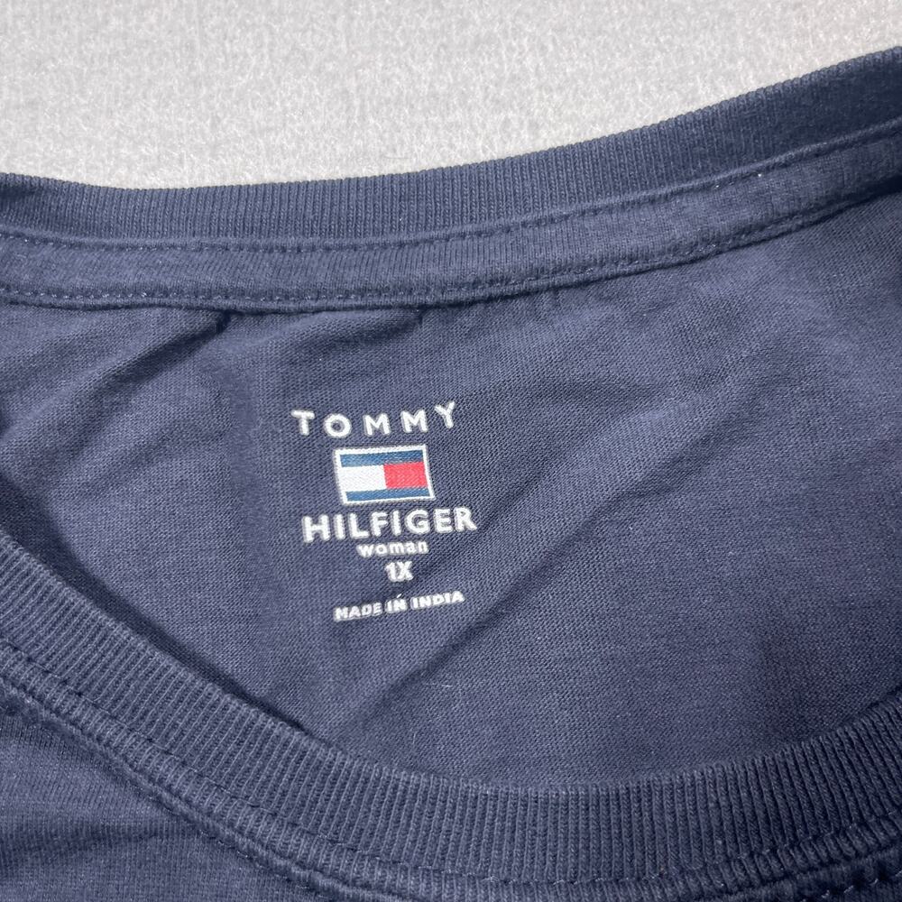 Tommy Hilfiger Top Women 1X Navy Blue Pearl Beaded Logo 3/4 Sleeve Shirt - Picture 4 of 10